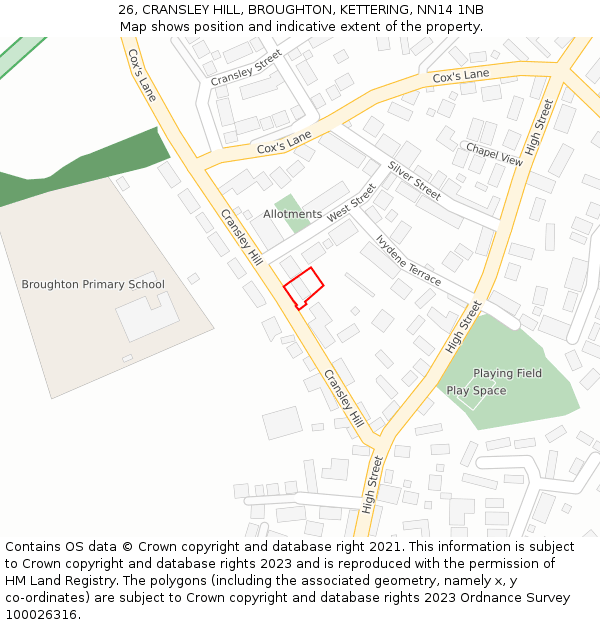 26, CRANSLEY HILL, BROUGHTON, KETTERING, NN14 1NB: Location map and indicative extent of plot