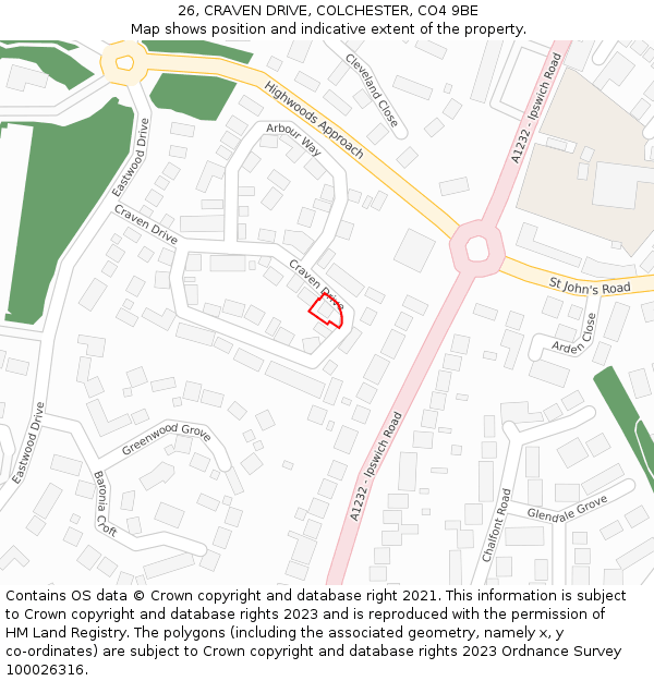 26, CRAVEN DRIVE, COLCHESTER, CO4 9BE: Location map and indicative extent of plot