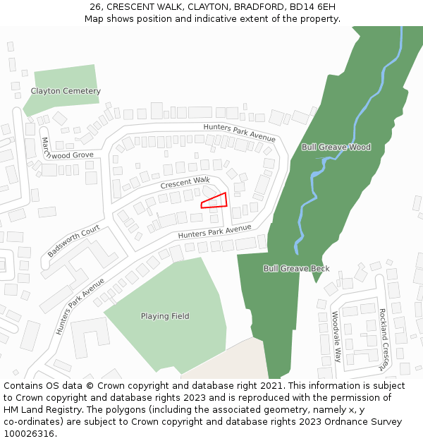 26, CRESCENT WALK, CLAYTON, BRADFORD, BD14 6EH: Location map and indicative extent of plot