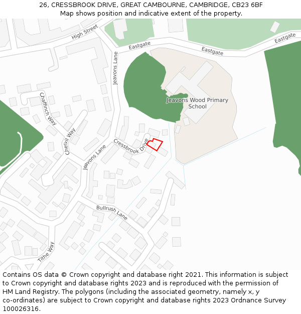 26, CRESSBROOK DRIVE, GREAT CAMBOURNE, CAMBRIDGE, CB23 6BF: Location map and indicative extent of plot