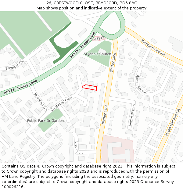 26, CRESTWOOD CLOSE, BRADFORD, BD5 8AG: Location map and indicative extent of plot