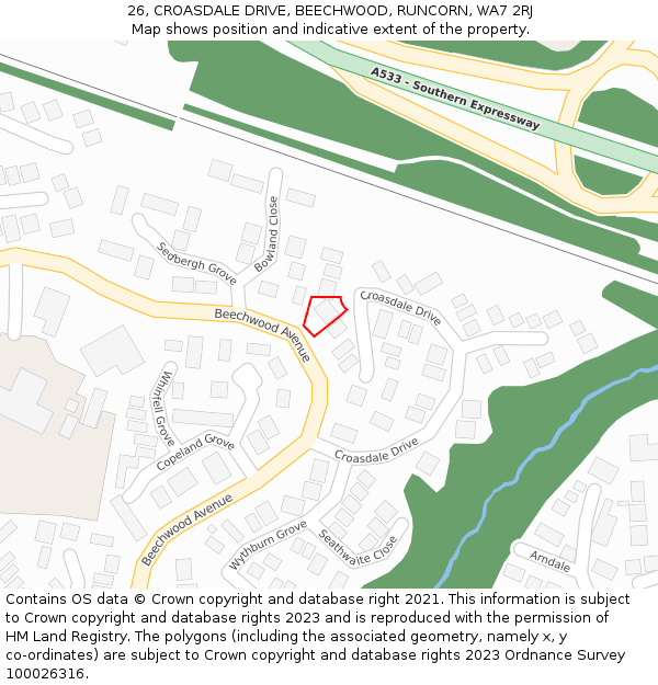 26, CROASDALE DRIVE, BEECHWOOD, RUNCORN, WA7 2RJ: Location map and indicative extent of plot