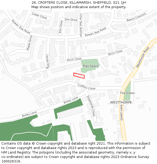 26, CROFTERS CLOSE, KILLAMARSH, SHEFFIELD, S21 1JH: Location map and indicative extent of plot