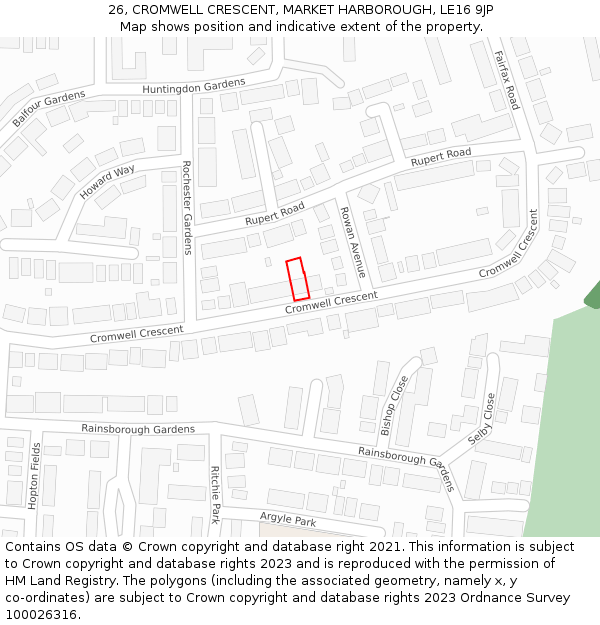 26, CROMWELL CRESCENT, MARKET HARBOROUGH, LE16 9JP: Location map and indicative extent of plot