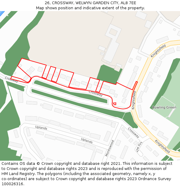 26, CROSSWAY, WELWYN GARDEN CITY, AL8 7EE: Location map and indicative extent of plot