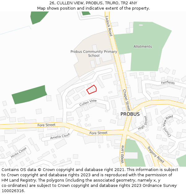 26, CULLEN VIEW, PROBUS, TRURO, TR2 4NY: Location map and indicative extent of plot