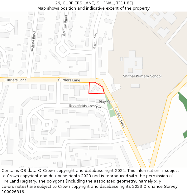 26, CURRIERS LANE, SHIFNAL, TF11 8EJ: Location map and indicative extent of plot