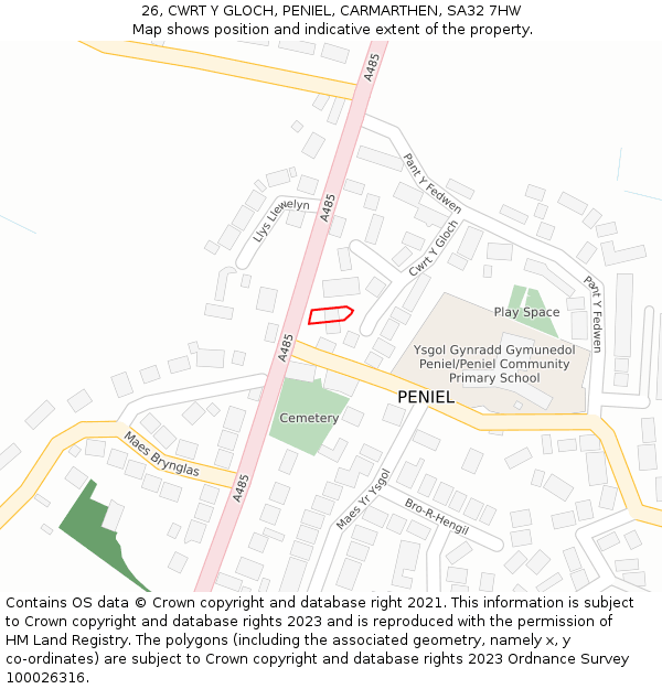 26, CWRT Y GLOCH, PENIEL, CARMARTHEN, SA32 7HW: Location map and indicative extent of plot