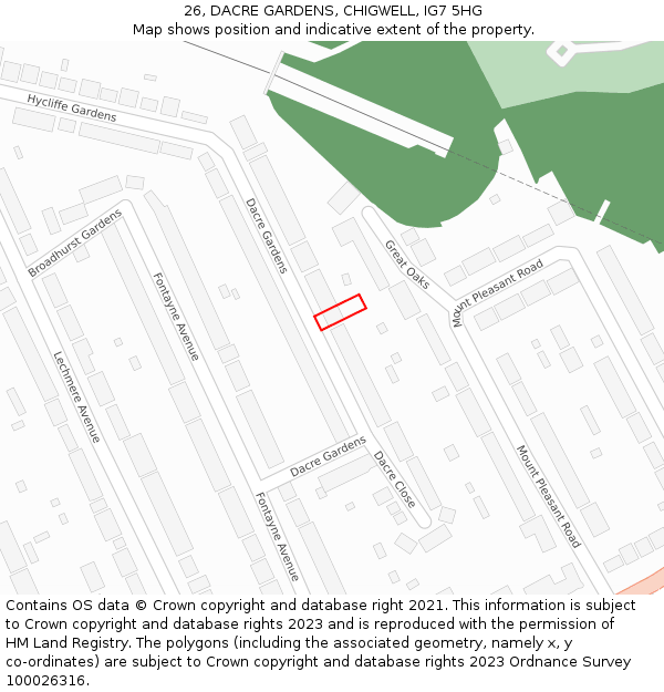 26, DACRE GARDENS, CHIGWELL, IG7 5HG: Location map and indicative extent of plot