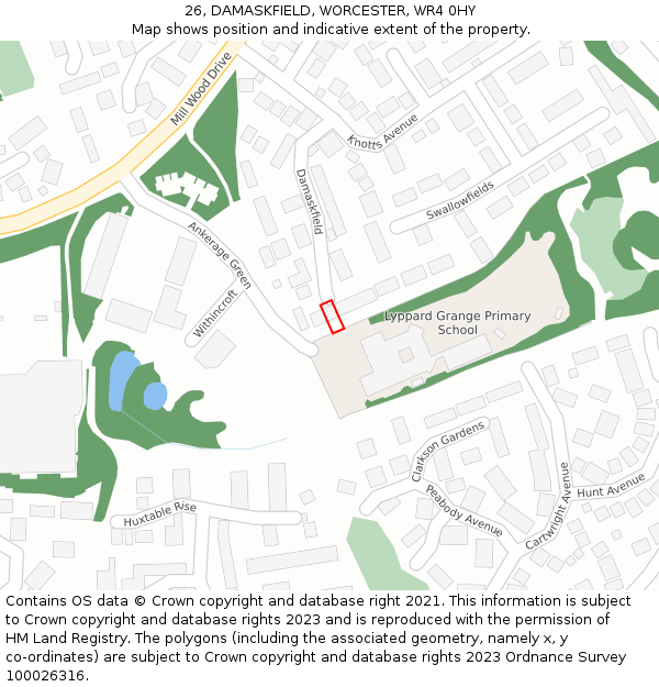 26, DAMASKFIELD, WORCESTER, WR4 0HY: Location map and indicative extent of plot
