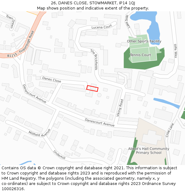 26, DANES CLOSE, STOWMARKET, IP14 1QJ: Location map and indicative extent of plot