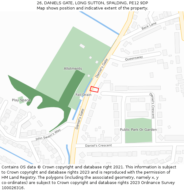 26, DANIELS GATE, LONG SUTTON, SPALDING, PE12 9DP: Location map and indicative extent of plot
