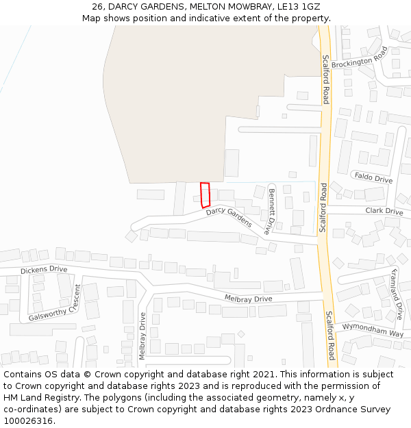 26, DARCY GARDENS, MELTON MOWBRAY, LE13 1GZ: Location map and indicative extent of plot