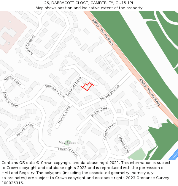 26, DARRACOTT CLOSE, CAMBERLEY, GU15 1PL: Location map and indicative extent of plot