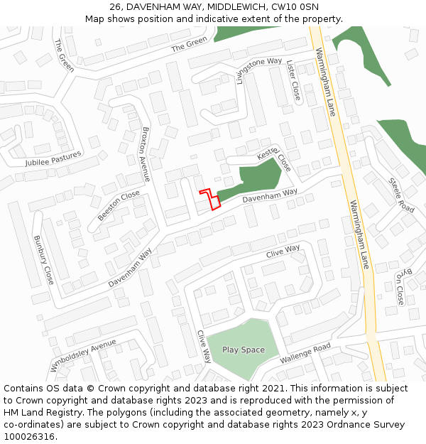 26, DAVENHAM WAY, MIDDLEWICH, CW10 0SN: Location map and indicative extent of plot