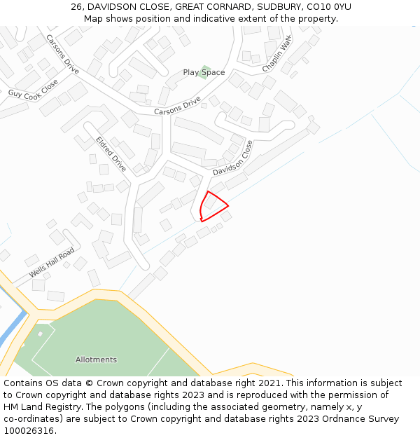 26, DAVIDSON CLOSE, GREAT CORNARD, SUDBURY, CO10 0YU: Location map and indicative extent of plot