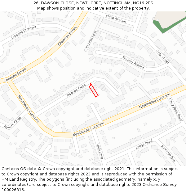 26, DAWSON CLOSE, NEWTHORPE, NOTTINGHAM, NG16 2ES: Location map and indicative extent of plot