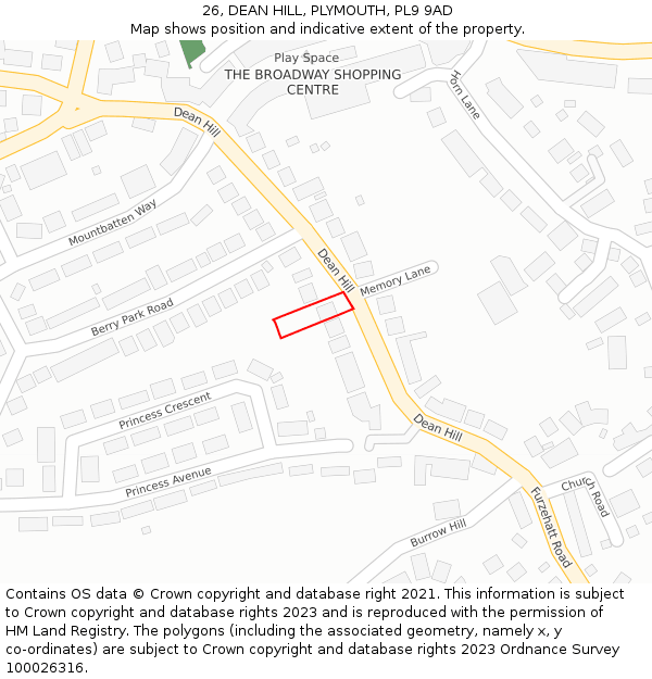 26, DEAN HILL, PLYMOUTH, PL9 9AD: Location map and indicative extent of plot