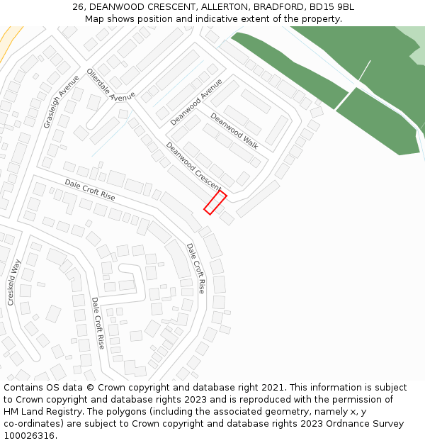 26, DEANWOOD CRESCENT, ALLERTON, BRADFORD, BD15 9BL: Location map and indicative extent of plot