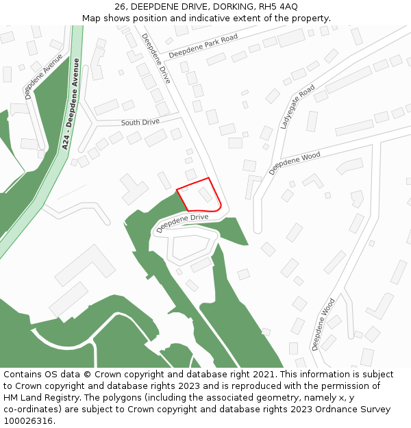 26, DEEPDENE DRIVE, DORKING, RH5 4AQ: Location map and indicative extent of plot