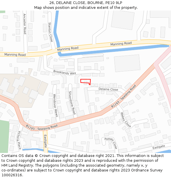 26, DELAINE CLOSE, BOURNE, PE10 9LP: Location map and indicative extent of plot