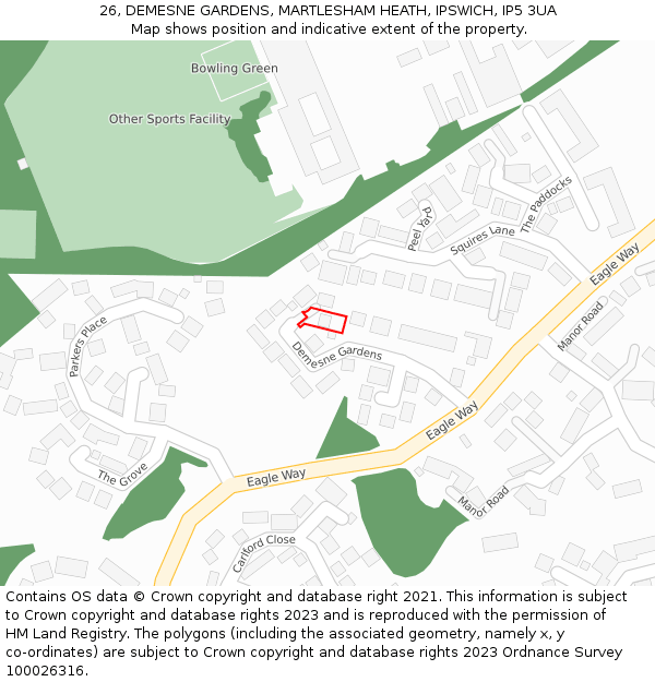 26, DEMESNE GARDENS, MARTLESHAM HEATH, IPSWICH, IP5 3UA: Location map and indicative extent of plot