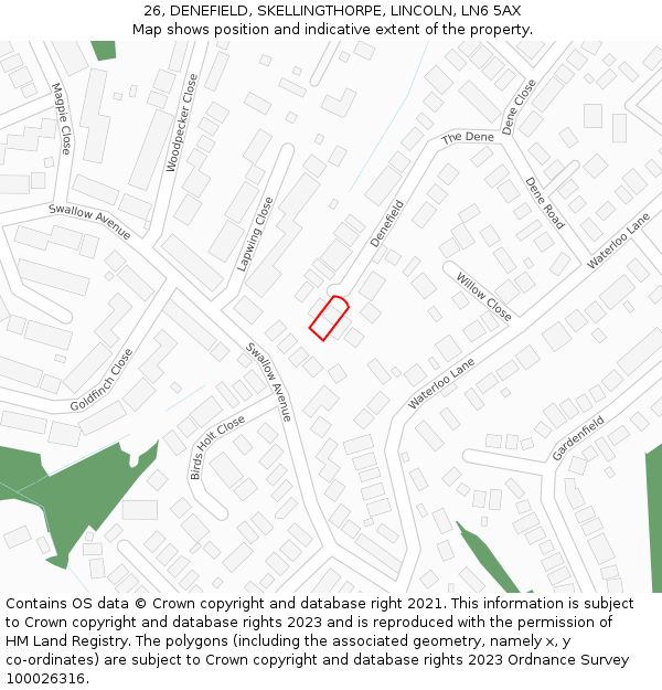 26, DENEFIELD, SKELLINGTHORPE, LINCOLN, LN6 5AX: Location map and indicative extent of plot