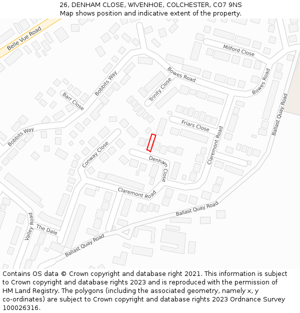 26, DENHAM CLOSE, WIVENHOE, COLCHESTER, CO7 9NS: Location map and indicative extent of plot