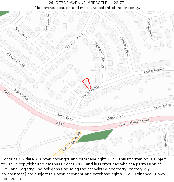 26, DERRIE AVENUE, ABERGELE, LL22 7TL: Location map and indicative extent of plot