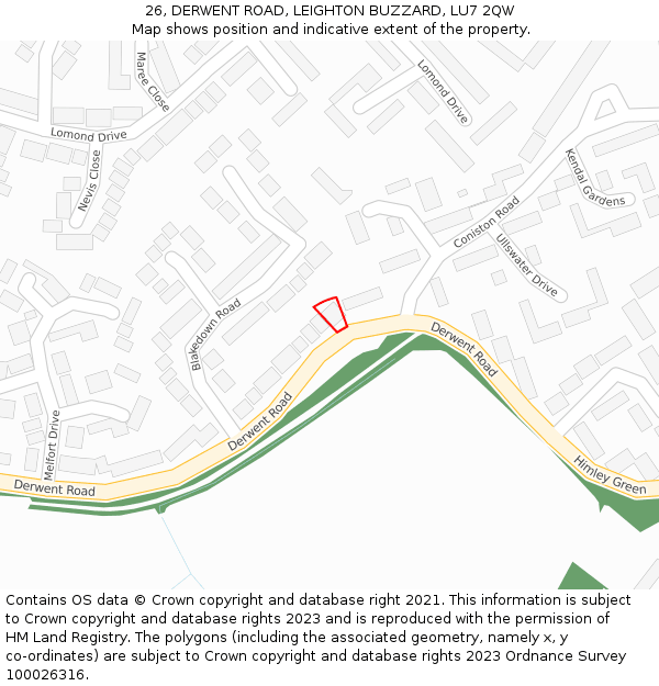 26, DERWENT ROAD, LEIGHTON BUZZARD, LU7 2QW: Location map and indicative extent of plot