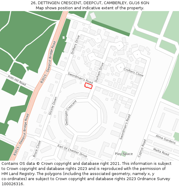 26, DETTINGEN CRESCENT, DEEPCUT, CAMBERLEY, GU16 6GN: Location map and indicative extent of plot