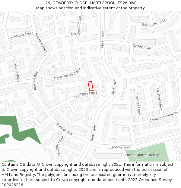 26, DEWBERRY CLOSE, HARTLEPOOL, TS26 0WE: Location map and indicative extent of plot