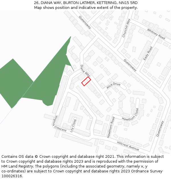 26, DIANA WAY, BURTON LATIMER, KETTERING, NN15 5RD: Location map and indicative extent of plot