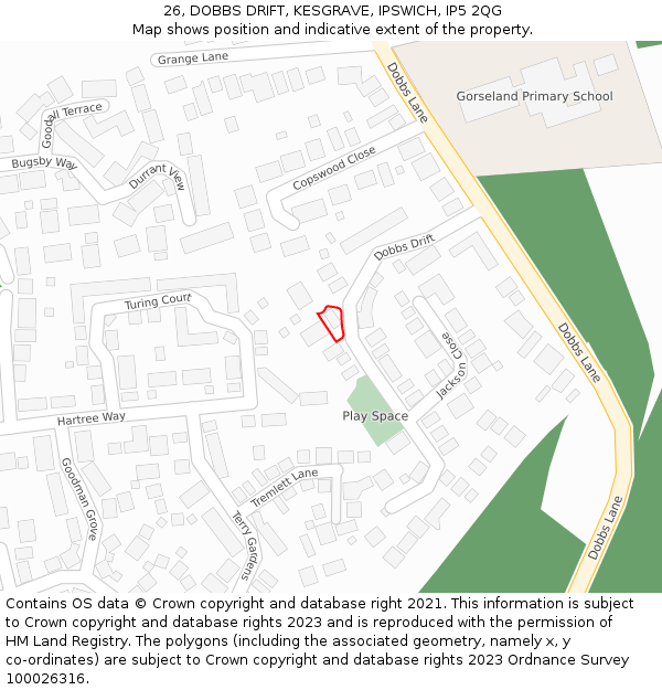 26, DOBBS DRIFT, KESGRAVE, IPSWICH, IP5 2QG: Location map and indicative extent of plot