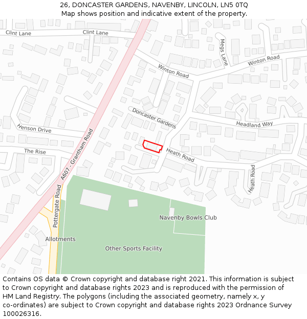 26, DONCASTER GARDENS, NAVENBY, LINCOLN, LN5 0TQ: Location map and indicative extent of plot