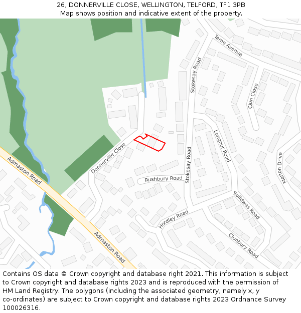 26, DONNERVILLE CLOSE, WELLINGTON, TELFORD, TF1 3PB: Location map and indicative extent of plot