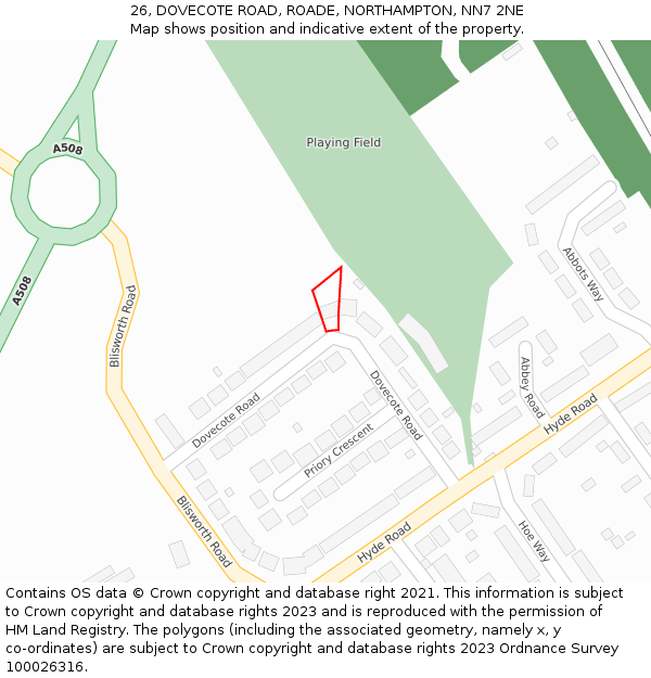 26, DOVECOTE ROAD, ROADE, NORTHAMPTON, NN7 2NE: Location map and indicative extent of plot