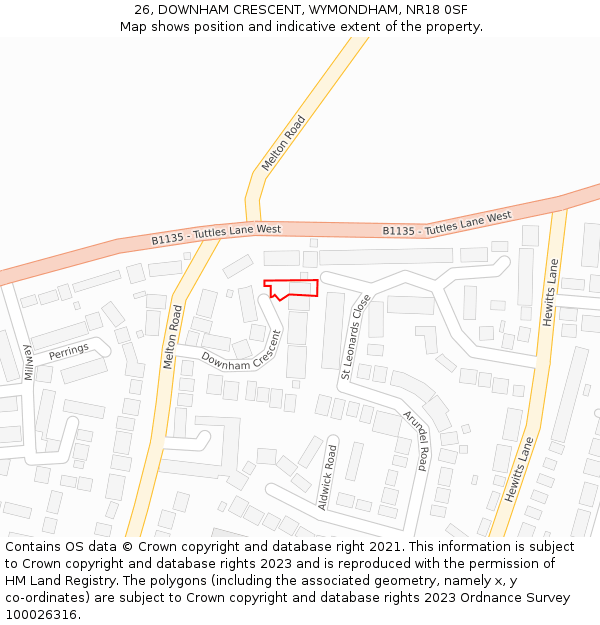 26, DOWNHAM CRESCENT, WYMONDHAM, NR18 0SF: Location map and indicative extent of plot