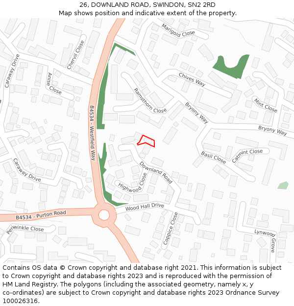 26, DOWNLAND ROAD, SWINDON, SN2 2RD: Location map and indicative extent of plot