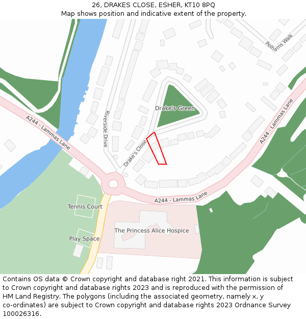 26, DRAKES CLOSE, ESHER, KT10 8PQ: Location map and indicative extent of plot