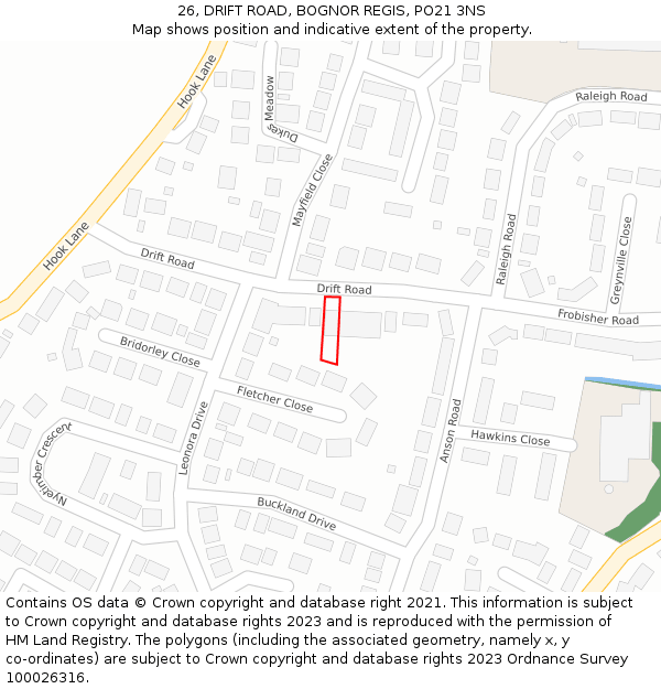 26, DRIFT ROAD, BOGNOR REGIS, PO21 3NS: Location map and indicative extent of plot