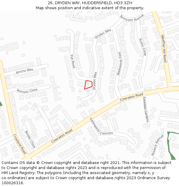26, DRYDEN WAY, HUDDERSFIELD, HD3 3ZH: Location map and indicative extent of plot