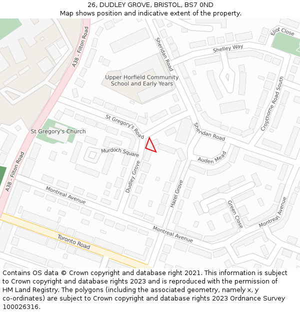 26, DUDLEY GROVE, BRISTOL, BS7 0ND: Location map and indicative extent of plot