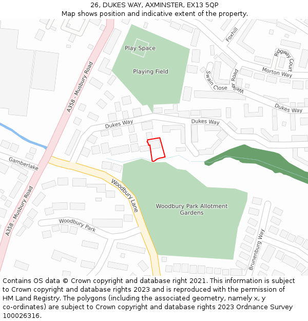 26, DUKES WAY, AXMINSTER, EX13 5QP: Location map and indicative extent of plot