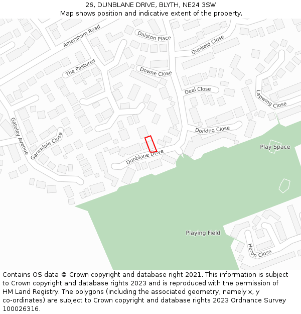 26, DUNBLANE DRIVE, BLYTH, NE24 3SW: Location map and indicative extent of plot