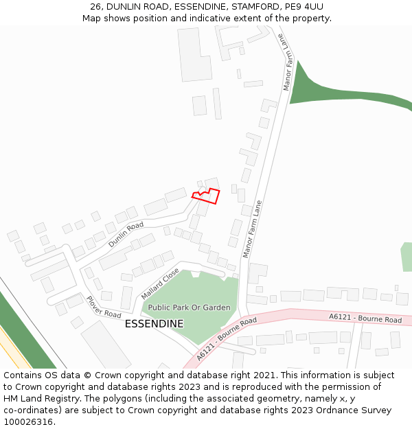 26, DUNLIN ROAD, ESSENDINE, STAMFORD, PE9 4UU: Location map and indicative extent of plot