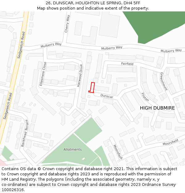 26, DUNSCAR, HOUGHTON LE SPRING, DH4 5FF: Location map and indicative extent of plot