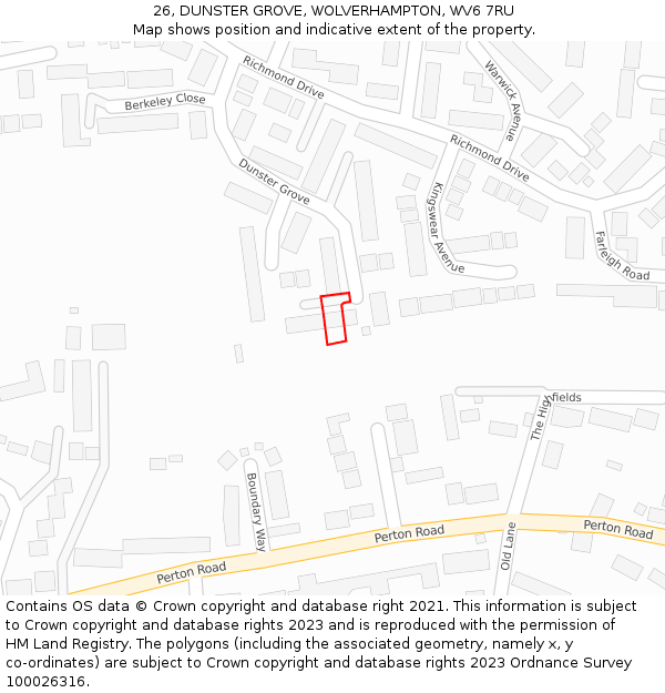 26, DUNSTER GROVE, WOLVERHAMPTON, WV6 7RU: Location map and indicative extent of plot