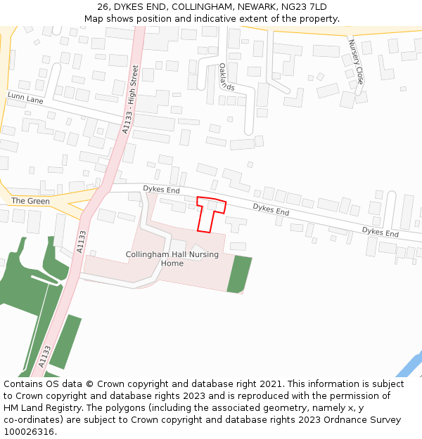 26, DYKES END, COLLINGHAM, NEWARK, NG23 7LD: Location map and indicative extent of plot