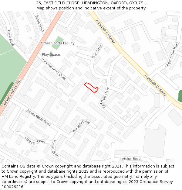 26, EAST FIELD CLOSE, HEADINGTON, OXFORD, OX3 7SH: Location map and indicative extent of plot